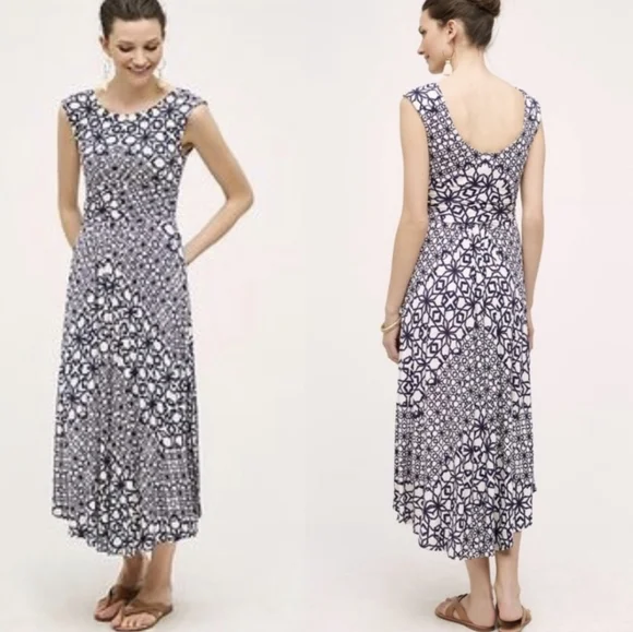 anthro blue and white dress Women's White Printed Dress- THML Midi Dress- Women's Anthro Midi Dress Extra Large main image 0